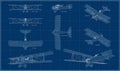 French biplane of the beginning of the last century. Blueprint of a aircraft. Drawing with projections, isometry and perspective.